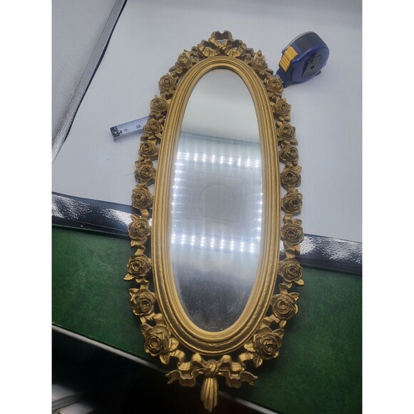 Vtg Syroco 2324 Long Oval Wall Mirror Gold Hollywood Regency Rose Bow 25” X 10”